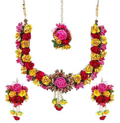 MEHANDI/HALDI JEWELLERY SET FOR WOMEN & GIRLS – FLORET NECKLACE, EARRINGS & TIKA