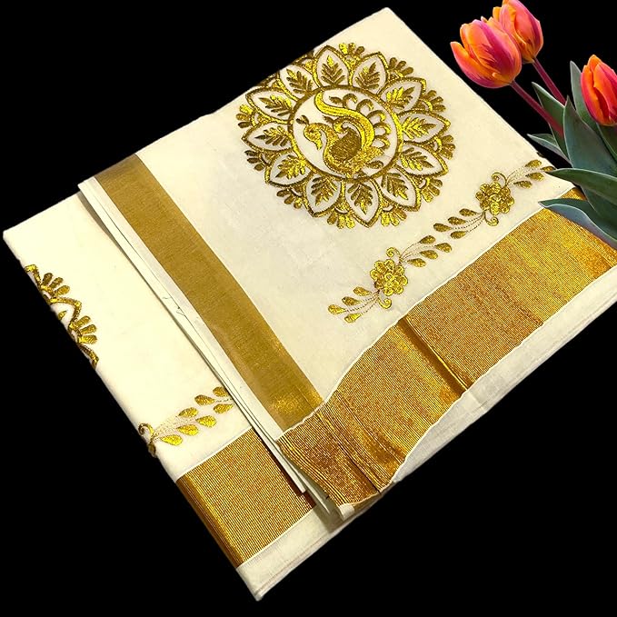 Kerala Kasavu Embroidery (Round Golden Peacock Design) Cotton Saree With Running Blouse Piece (Saree 5.5 meters, Blouse 0.8 meter)