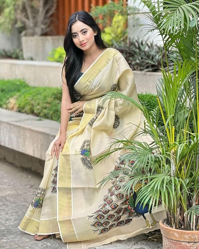 Trending Kerala Mural Printed (Blossom Peacock) Tissue Saree With Running Blouse (Saree 5.5meters, Blouse 0.8 meters)