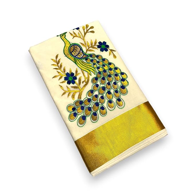 Kerala Kasavu Embroidery Cotton Saree With Running Blouse Piece (Grape Peacock) (Saree 5.5 meters, Blouse 0.8 meter)